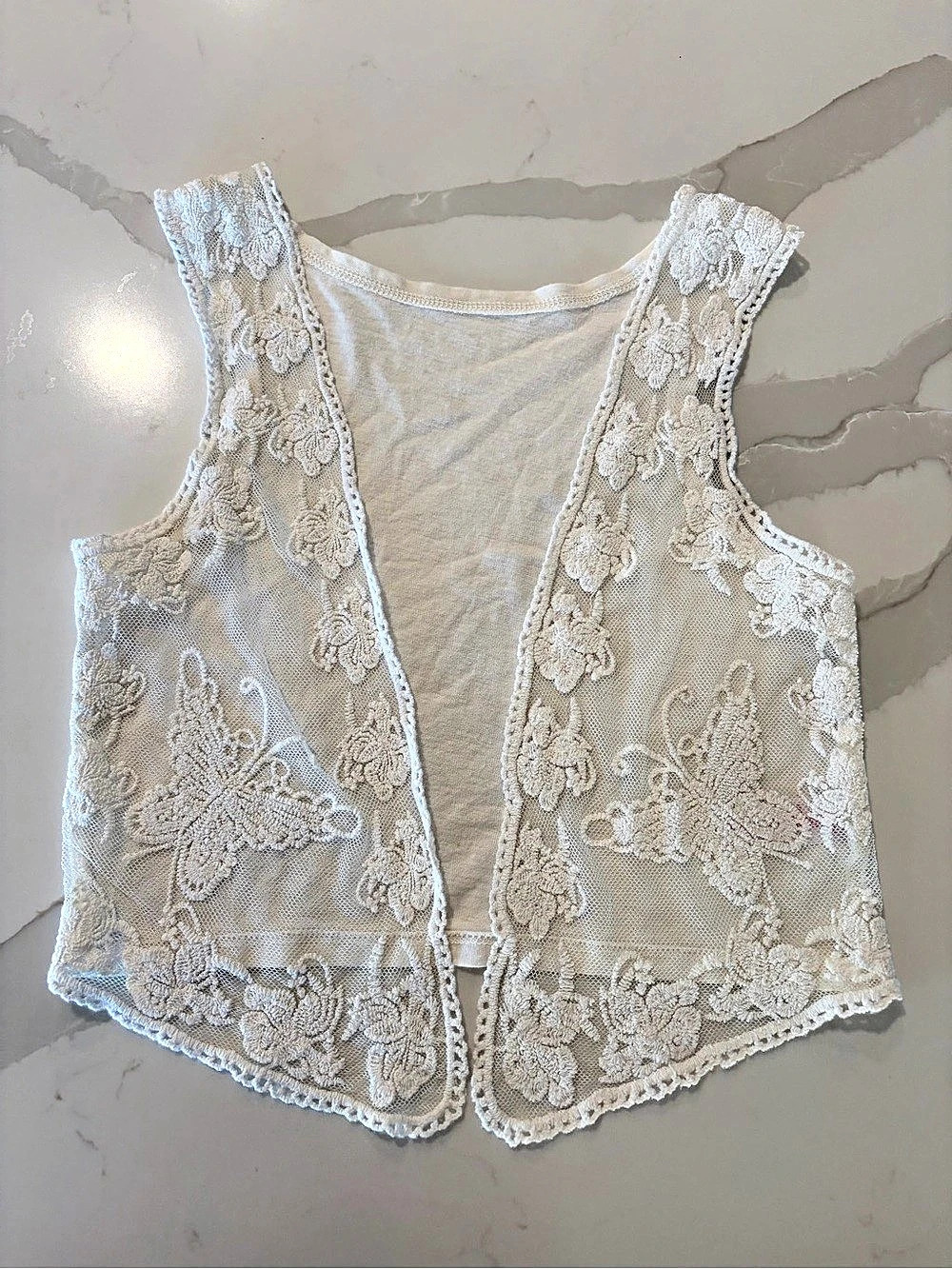 Fairy Cottagecore White Lace Florak Butterfly Embroidered Mesh Vest Top Sz 6